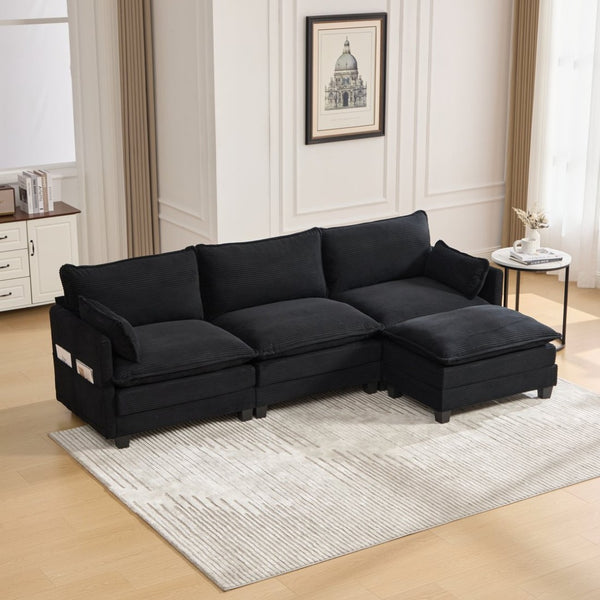 English Elm United We Win Modular Corduroy Sectional with Ottoman Low Profile Living Room Couch Black W1568S00260