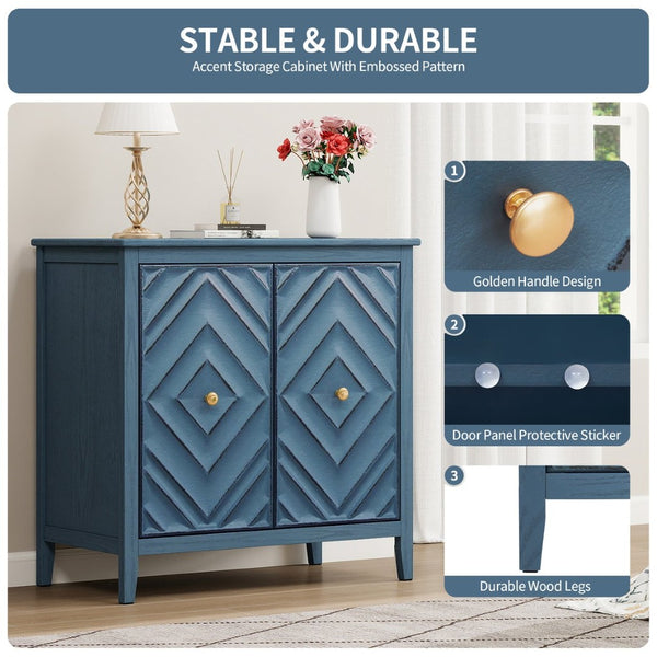 English Elm Geometric Diamond Embossed Sideboard Cabinet Matte Vintage Mdf Entryway Storage Blue W688P364739