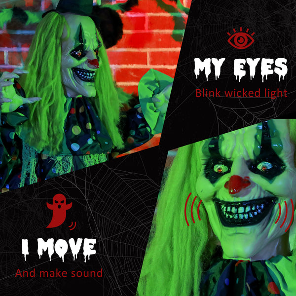 English Elm Homcom 6.1' Life-Size Animatronic Circus Clown – Scary Halloween Decoration With Motion & Sound Effects W2225P229451