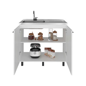 English Elm White Melamine Utility Sink Cabinet with Open Shelving for Laundry and Mudroom B062S01871