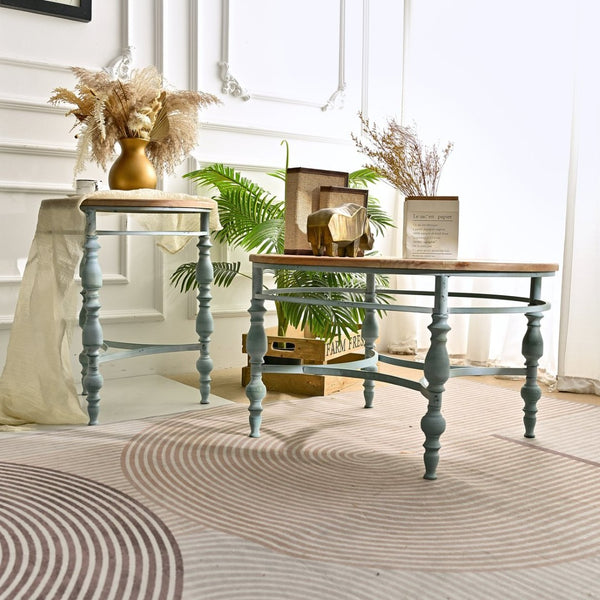 English Elm Easy Assembly Round Carved Wood End Table Rustic Distressed Finish for Living Room W3933P379165