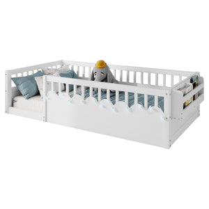 English Elm Twin Montessori Floor Bed Frame with High Rails and Built-In Light Shelf for Safe Independent Sleep White 79.13 L x 13 W x 6.3 H W2593P333565