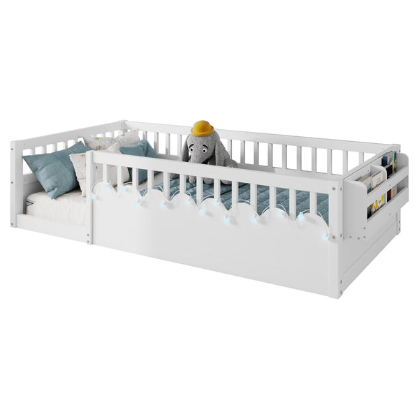English Elm Twin Montessori Floor Bed Frame with High Rails and Built-In Light Shelf for Safe Independent Sleep White 79.13 L x 13 W x 6.3 H W2593P333565