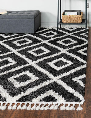 Unique Loom Hygge Shag Diamond Machine Made Geometric Rug Black and White,  7' 10" x 7' 10"