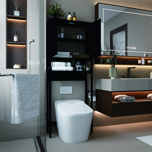 English Elm Toilet Side Bamboo Tower with Louvered Doors Open Shelf Freestanding Bathroom Organizer W2207P334026