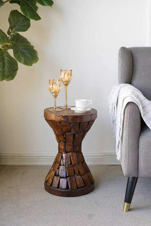English Elm 11.8x11.8x18.1" Paulownia Wood Sculptural Side Table with Mosaic Hourglass Base W2078P461604