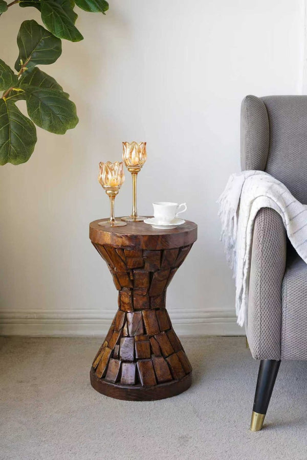 English Elm 11.8x11.8x18.1" Paulownia Wood Sculptural Side Table with Mosaic Hourglass Base W2078P461604