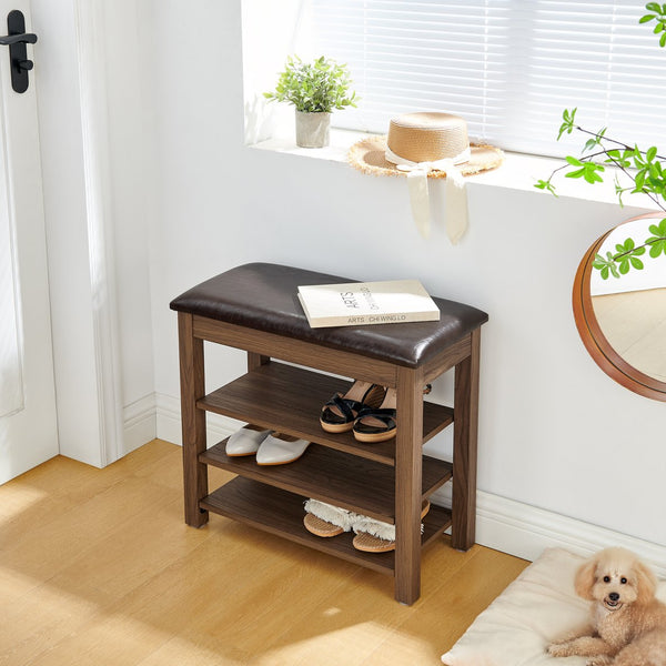 English Elm A Height-Adjustable Shoe-Changing Bench With Storage, Plush Seat, Natural Rubberwood, Warm Brown Finish W487P289976