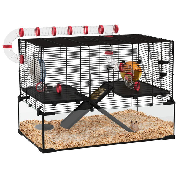 English Elm Pawhut Multi-level Small Animal Habitat with Glass Base Wire Enclosure and Accessories W2225P173816