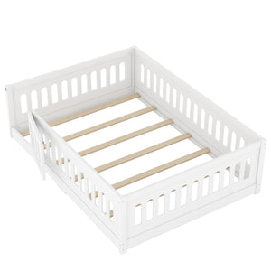 English Elm Full Size Floor Bed With Guardrails & Door - Solid Wood Bedframe For Safe, Stylish Kids' Sleep W1820P240539
