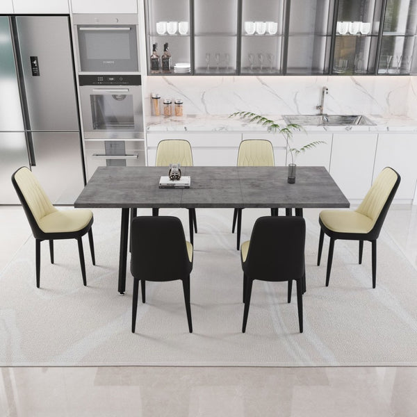English Elm 55.12-70.87" Expandable Dining Set 7 Piece Industrial Mdf Table with Pu Upholstered Chairs Beige+Grey,Black W2189S00911