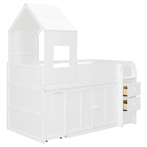 English Elm Twin House Loft Bed with Pull Out Rolling Desk Stair Drawers and Cabinet Storage White N820S00072K