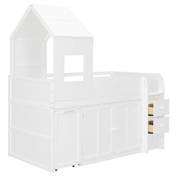 English Elm Twin House Loft Bed with Pull Out Rolling Desk Stair Drawers and Cabinet Storage White N820S00072K