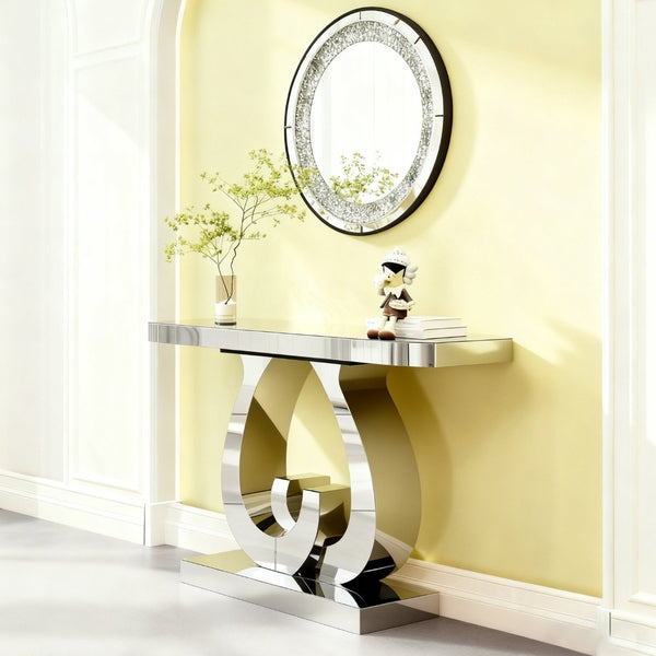 English Elm Modern Mirrored Console Table with Silver Double C Base for Entryway or Sofa W3836P382513
