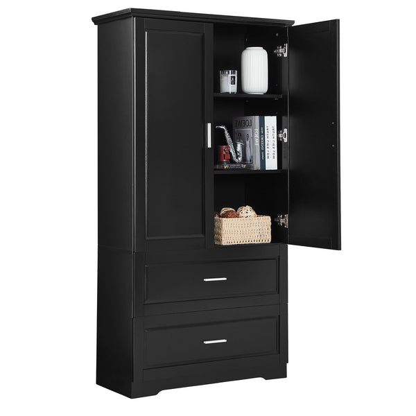English Elm Tall Bathroom Storage Cabinet – Slim Black MDF Organizer with 2 Doors, 2 Drawers, Adjustable Shelves, Anti-Tip Device N725P172882B