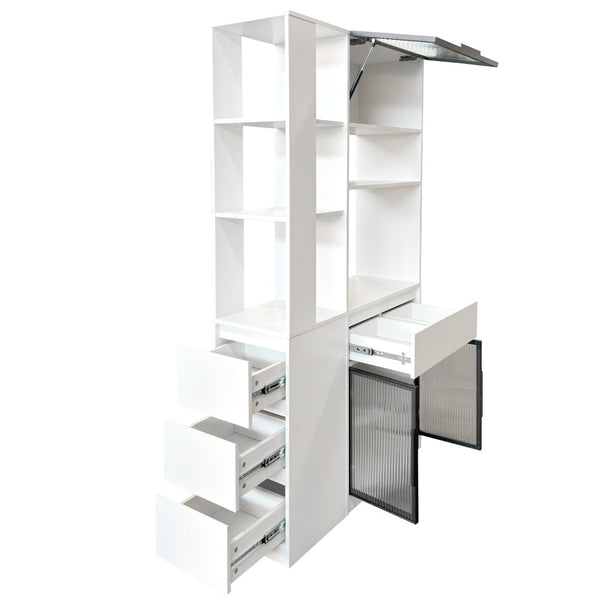 English Elm 70.87"h Tall Storage Cabinet Glass Panel Doors Asymmetric Drawers Modern Hallway Organizer W331S00204