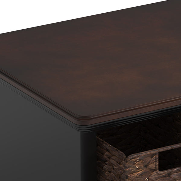 English Elm U Can Louvered End Table with Woven Grass Baskets Ottoman Legs Farmhouse Storage Black N724P401353B