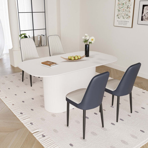 English Elm 63 Inch Mdf Cream Dining Set with Pu Cushioned Chairs and Black Metal Legs Seats 4 Blue+Cream W2189S00871