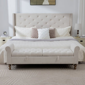 English Elm 65.75" Wide Napped Fabric Storage Bench with Rolled Arms and Walnut Rubberwood Legs W3098P397301