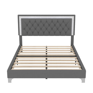 English Elm 3-Pieces Tufted Upholstered Platform Bed with Romantic LED Headboard and Two Storage Nightstands Gray 63.98 L x 23.23 W x 5.91 H N733S183659E