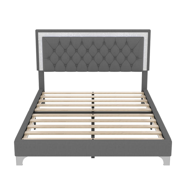 English Elm 3-Pieces Tufted Upholstered Platform Bed with Romantic LED Headboard and Two Storage Nightstands Gray 63.98 L x 23.23 W x 5.91 H N733S183659E
