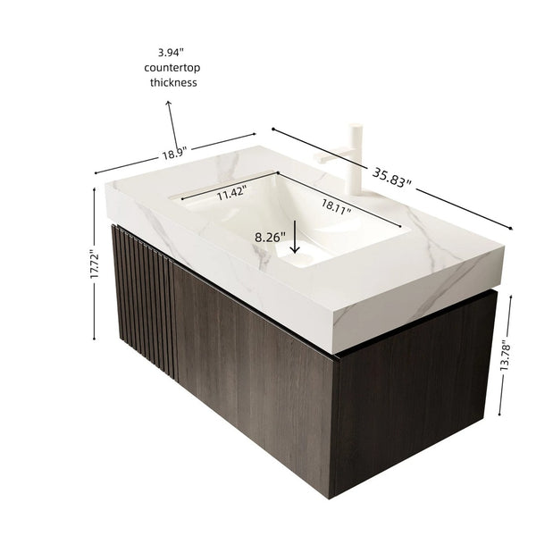 English Elm Muri Floating Bathroom Vanity Plywood Cabinet Sintered Stone Top Espresso Finish W2615S00458