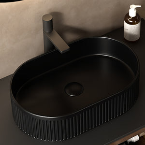 English Elm 20'' Oval Striped Vessel Ceramic Sink, Black Sintered Stone Countertop, Pre-Drilled Hole, Scratch & Water Resistant, Faucet Spout ≥9" Recommended W2615P226068