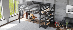 English Elm Twin Xl Metal Loft Bed with Stair Storage Shelves Sturdy Steel Frame for Dorms W1580S00434