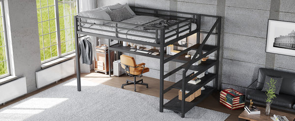 English Elm Twin Xl Metal Loft Bed with Stair Storage Shelves Sturdy Steel Frame for Dorms W1580S00434