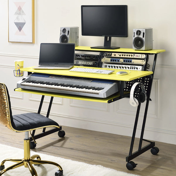 English Elm Music Recording Studio Desk with Raised Monitor Shelf and Keyboard Tray for Organized Workflow Yellow+Black B016P312643
