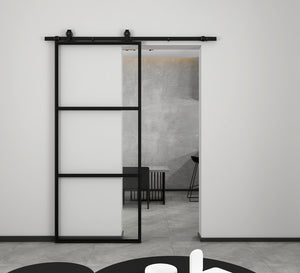 English Elm 30 in Matte Black Steel Sliding Barn Door Frosted Glass Privacy Panel with Hardware B2763P483194