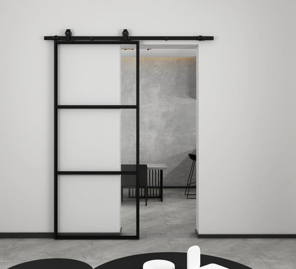 English Elm 30 in Matte Black Steel Sliding Barn Door Frosted Glass Privacy Panel with Hardware B2763P483194