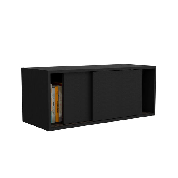 English Elm Note modern 32" W x 13" H wall cabinet with sliding doors for organized storage in home and office spaces Black 33.9 L x 14.2 W x 3.6 H B070P238868