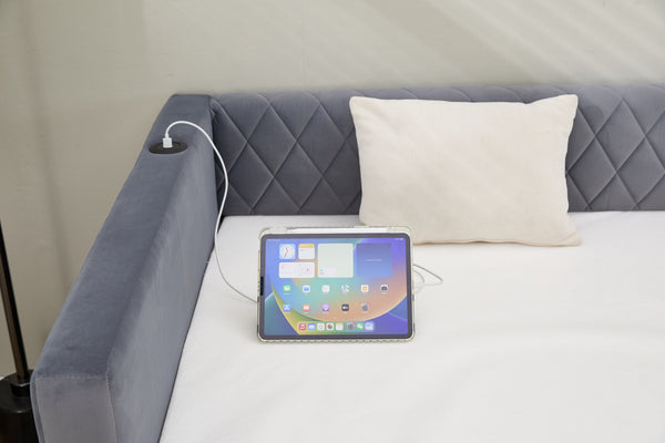 English Elm Grey velvet daybed with diamond-grid pull-out trundle, modern velvet finish, sturdy wooden frame for guest-ready style W1361S00032