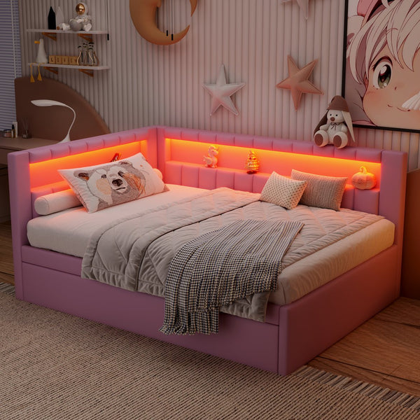 English Elm Upholstered Full Platform Bed with Trundle, Built-In USB Ports & LED Accent, Linen Upholstery Pink DL001925AAH