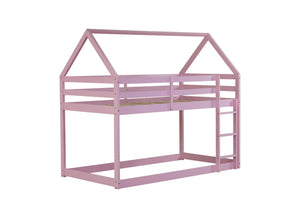English Elm Twin Rubber Wood Floor Bunk Bed House-Shaped Design with Ladder Guardrails Sturdy Low-Profile Retreat Pink W504P206867