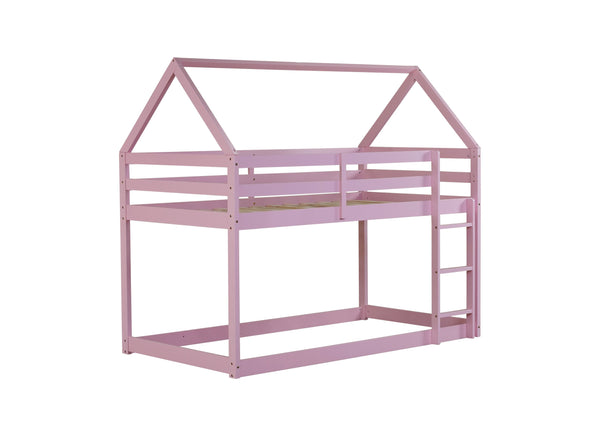 English Elm Twin Rubber Wood Floor Bunk Bed House-Shaped Design with Ladder Guardrails Sturdy Low-Profile Retreat Pink W504P206867