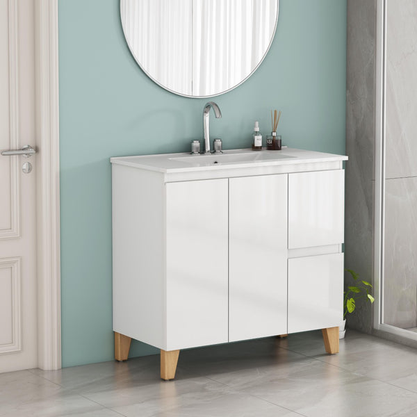 English Elm 36-inch Glossy White Bathroom Vanity with Ceramic Sink Soft Close Drawers Minimalist W3151S00074