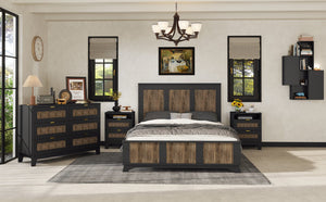 English Elm Farmhouse Wooden Platform Bed Queen with Rustic Strip Headboard, Plywood Slat Support, 700lb Capacity Black 67.32 L x 21.77 W x 7.87 H WF530906AAB