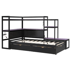 English Elm Twin Gaming Daybed with Led Strips Desk Pegboard Bookcase and Three Storage Drawers Purple+Black N820S00083I
