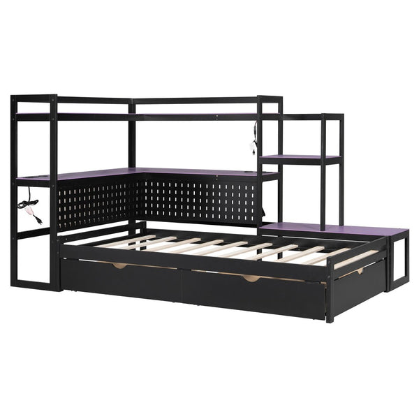 English Elm Twin Gaming Daybed with Led Strips Desk Pegboard Bookcase and Three Storage Drawers Purple+Black N820S00083I