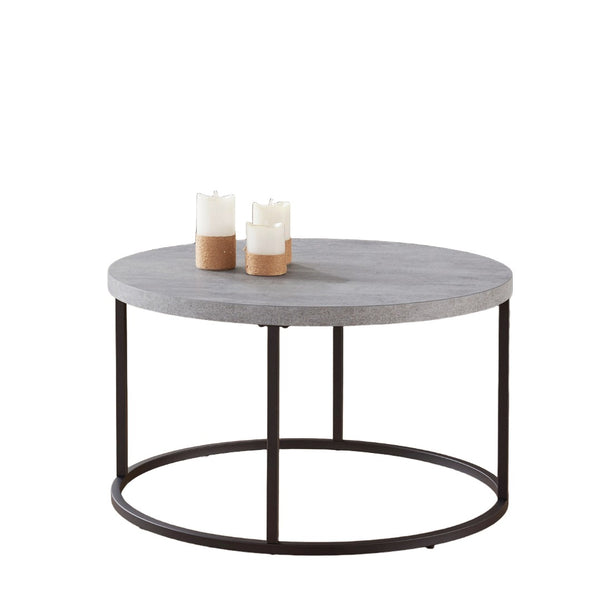 English Elm 31.5" Round Oak Finish Coffee Table Matte Black Steel Base for Modern Living Rooms Gray W3151P352762