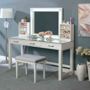 English Elm Glam Elegant Vanity Set with LED Mirror, Plush Stool, Ample Storage, Felt-Lined Drawers, Chic Finish White 65 L x 25 W x 15 H B2741S00682
