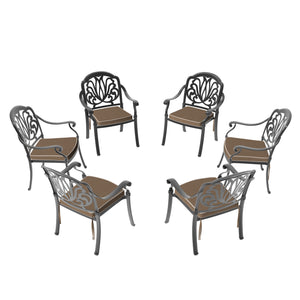 English Elm Cast Aluminum Patio Dining Chair Set - 6 Pcs With Stylish Black Frame & Cozy Brown Cushions W1710S00479