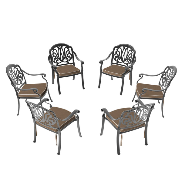 English Elm Cast Aluminum Patio Dining Chair Set - 6 Pcs With Stylish Black Frame & Cozy Brown Cushions W1710S00479