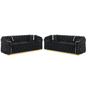 English Elm 2pcs Italian Velvet Chesterfield Sofa Set Tufted Three Seater with Gold Steel Legs W1191S00069