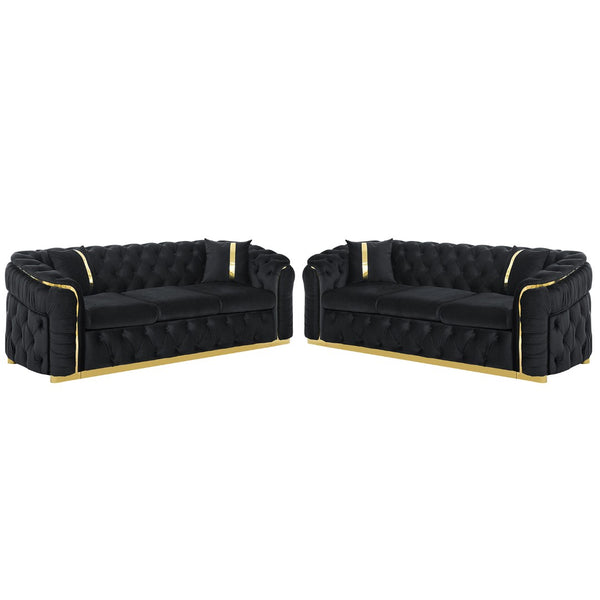 English Elm 2pcs Italian Velvet Chesterfield Sofa Set Tufted Three Seater with Gold Steel Legs W1191S00069