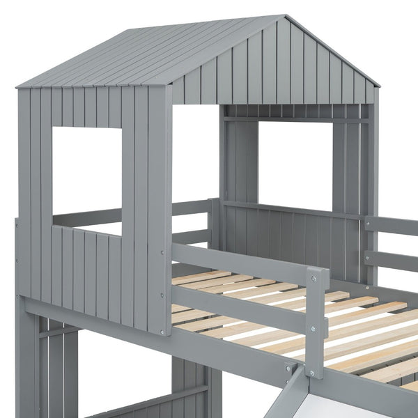 English Elm Wooden Twin Over Full Bunk Bed Farmhouse Playhouse Slide Pinewood Kids Loft Gray LT000328AAN