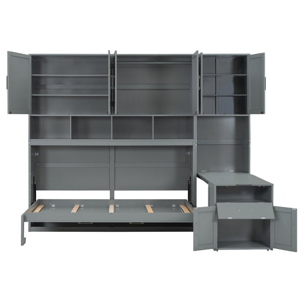 English Elm Twin Murphy Wall Bed with Integrated Closet Drawers and Desk for Studio Spaces Gray LP000595AAE-1