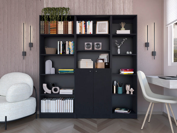English Elm Poston Modern 3-Piece Bookcase Set with 13 Shelves and Two-Door Cabinet for Stylish Storage Black 41 L x 28 W x 5 H B070S00266